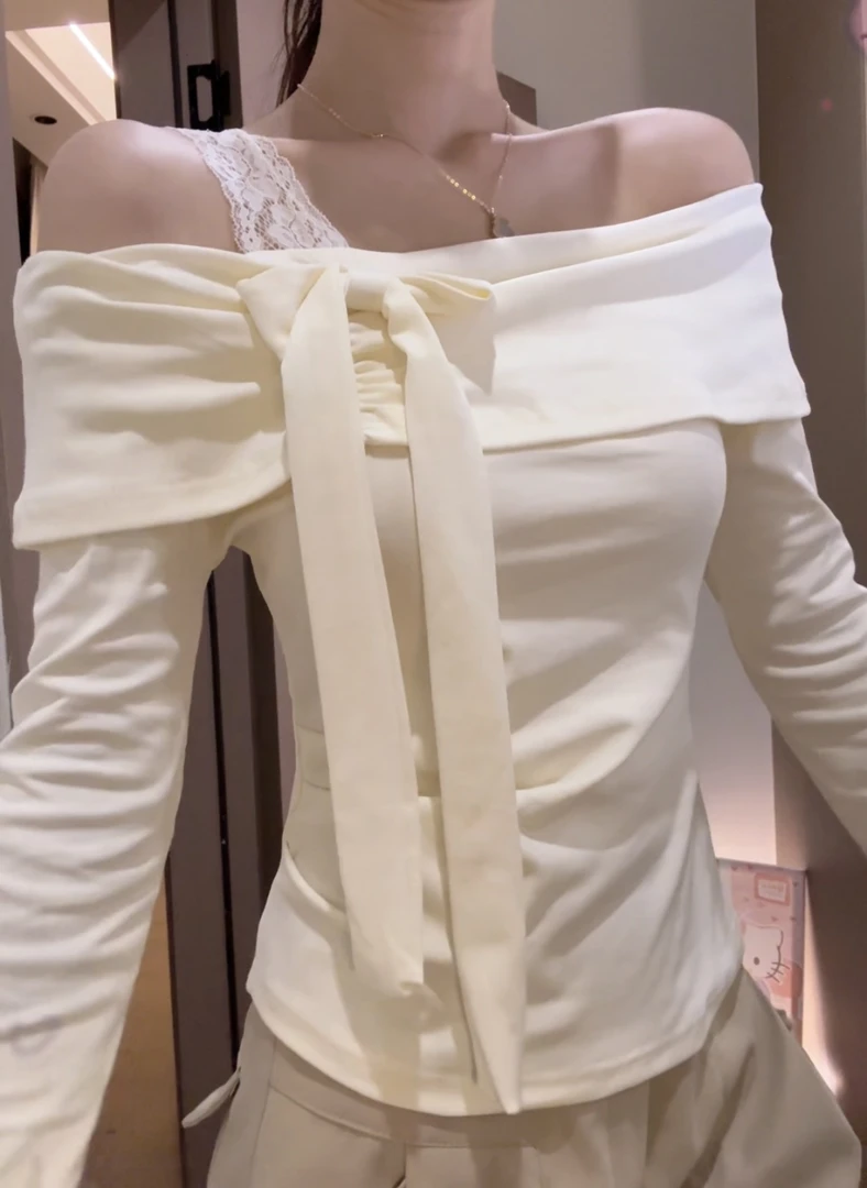 一字肩纯欲T恤女2025夏季新款蝴蝶结露肩长袖甜妹上衣