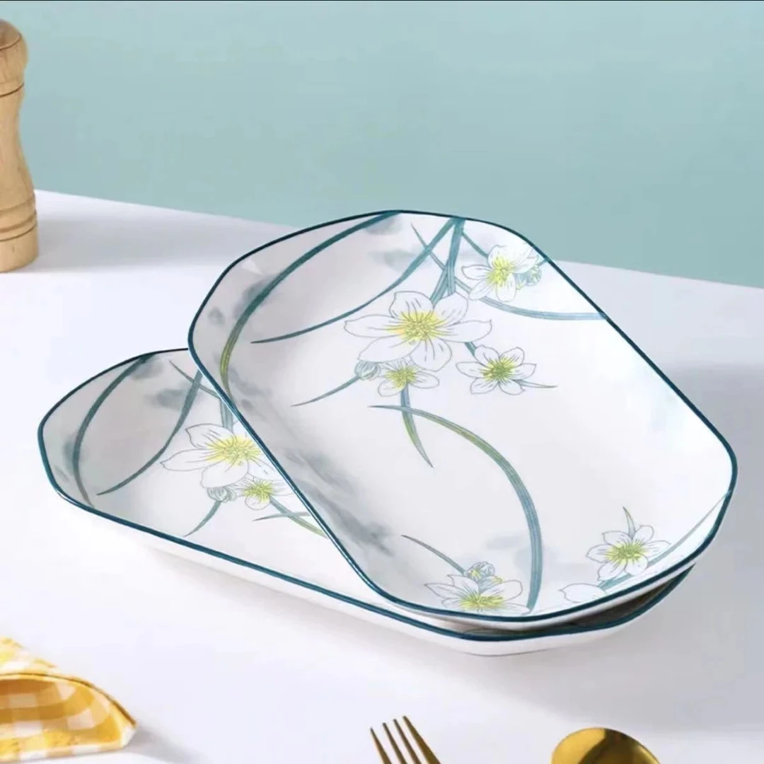 家用简约蒸鱼盘子釉下彩大号鱼盘陶瓷椭圆方形鱼盘饭餐盘菜盘创意