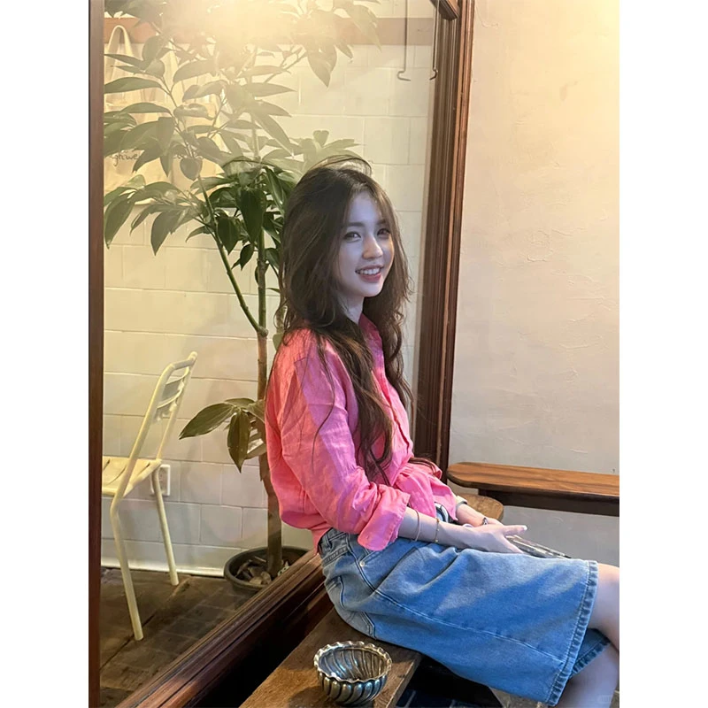 秋季韩系长袖衬衫洋气显白简约通勤上衣阔腿牛仔短裤薄款五分中裤