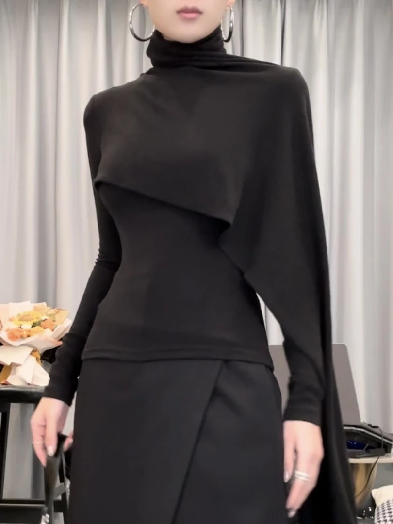 D5125黑色假两件高领打底衫t恤女秋冬设计感搭片独特修身内搭上衣