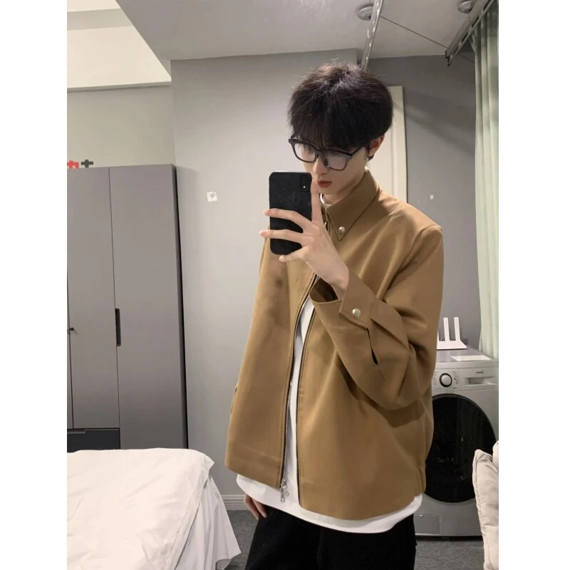 美式复古翻领垫肩外套cleanfit设计感卡其色短款夹克男休闲上衣服