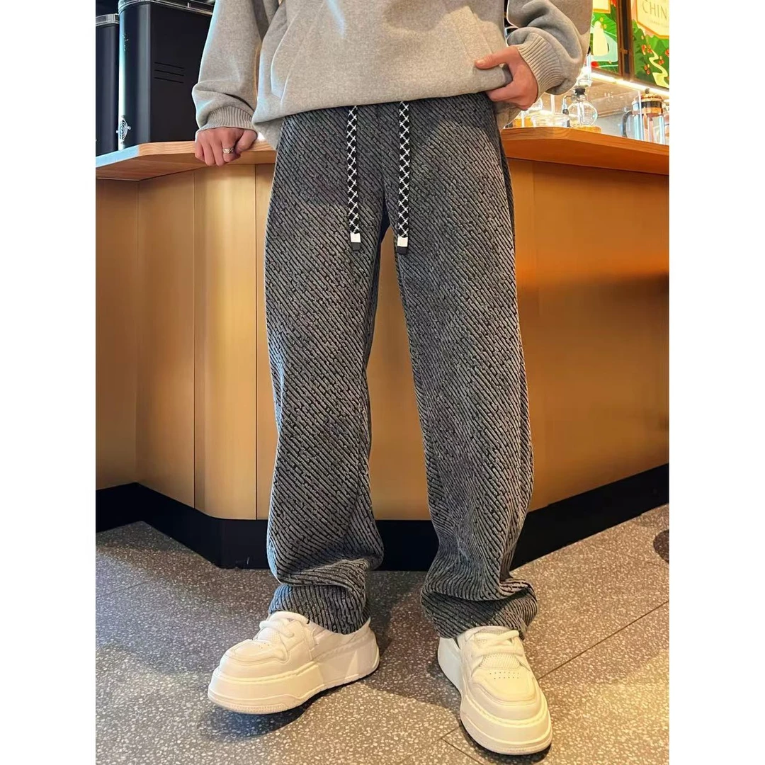 简约加绒保暖百搭舒适潮流男士帅气松紧腰直筒抽绳设计感休闲裤