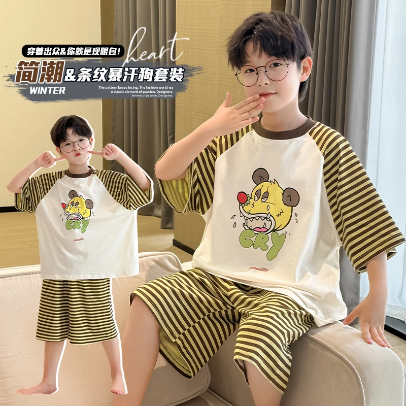 男童睡衣儿童款纯棉短袖短裤两件套2025新款条纹小男孩家居服套装