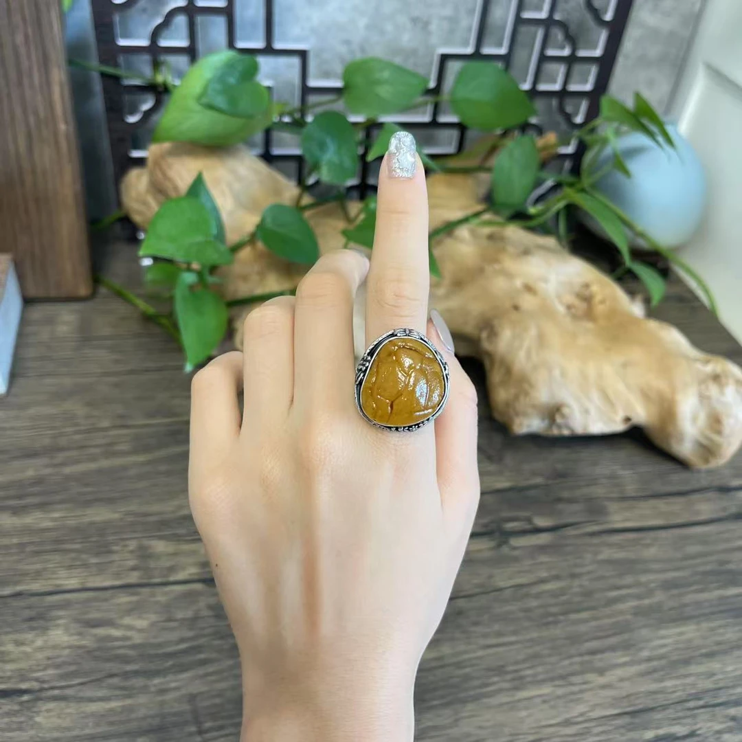 LYliuyng小脑纹海漂蜜蜡原石纯手工银镶嵌不规则戒指原皮银戒指