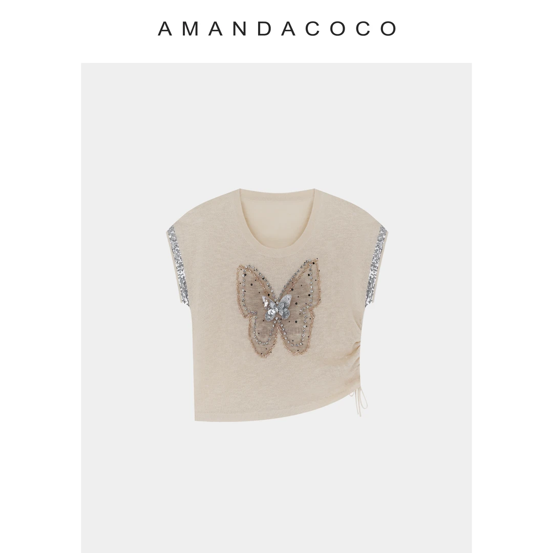 NANA# 夏日采蝶～薄款亮片蝴蝶刺绣显瘦抽绳短袖针织衫