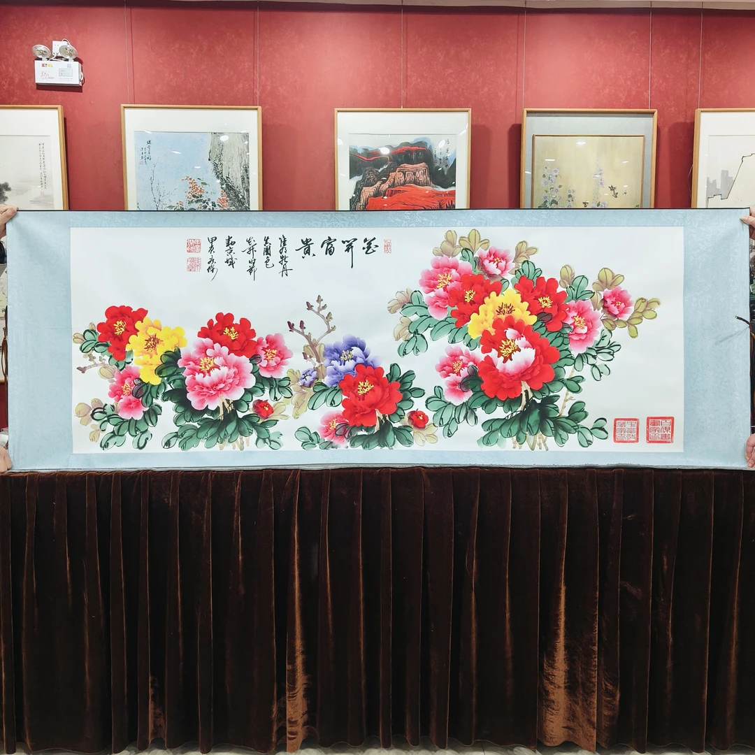 田广杰：《牡丹》新款 小六尺70*200厘米 纯手绘国画作品卷轴装裱