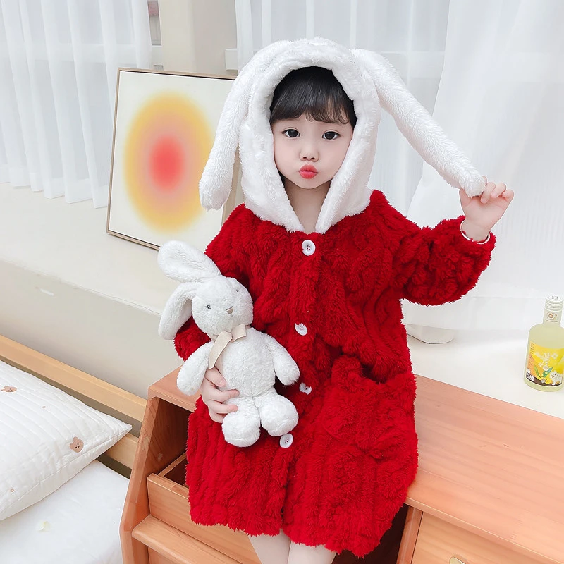 儿童睡袍秋冬季睡衣女童法兰绒睡衣女宝宝中小童法兰绒长款家居服