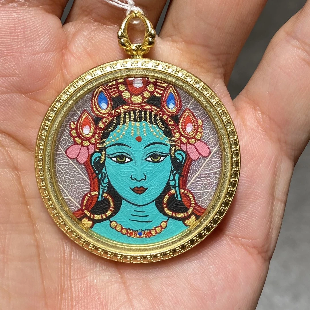 【佳哥严选】 J36877-唐卡tt壳手绘绿度圆形吊坠-41*6.8mm