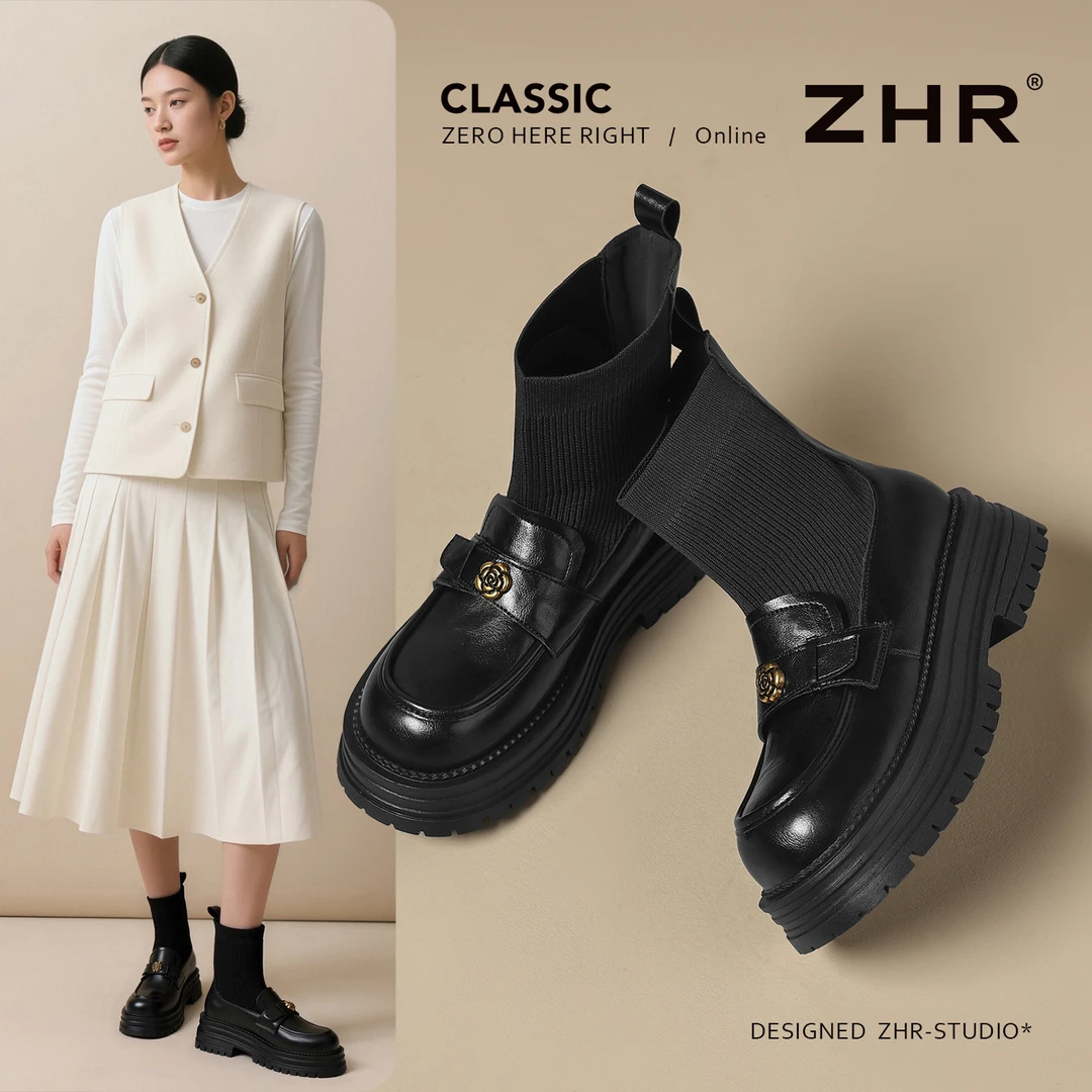 【清仓不补】乐福袜靴女冬季新款厚底黑色百搭弹力瘦瘦靴英伦风短靴