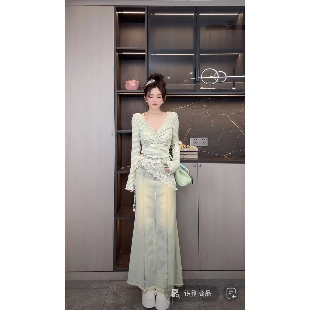 曼曼【做旧人鱼~】中长款A字毛边鱼尾包臀裙牛仔半身裙