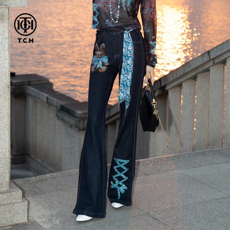 TCH私服烫钻工艺时尚休闲百搭弛感秋款牛仔裤T75C20E5105轻奢tch