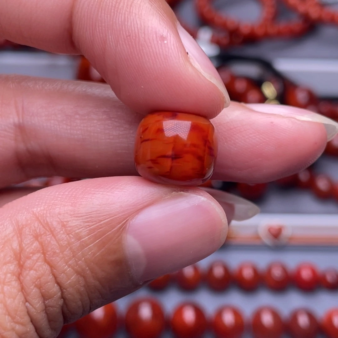 繁***月南红玛瑙未镶嵌配饰13.1mm瓦西柿子红火焰纹老型单珠