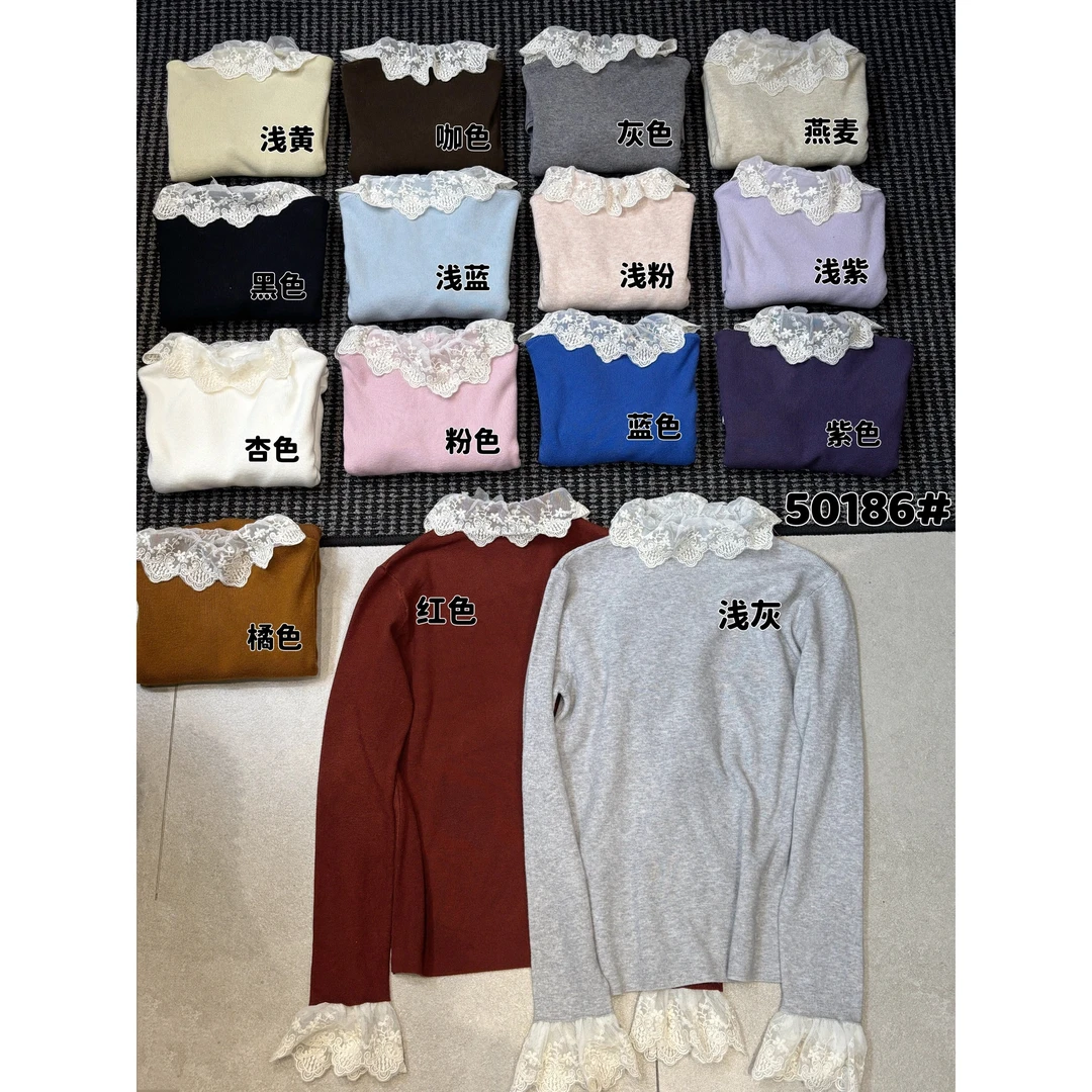 韩版半高领蕾丝边温柔长袖针织衫女冬新款修身打底毛衣