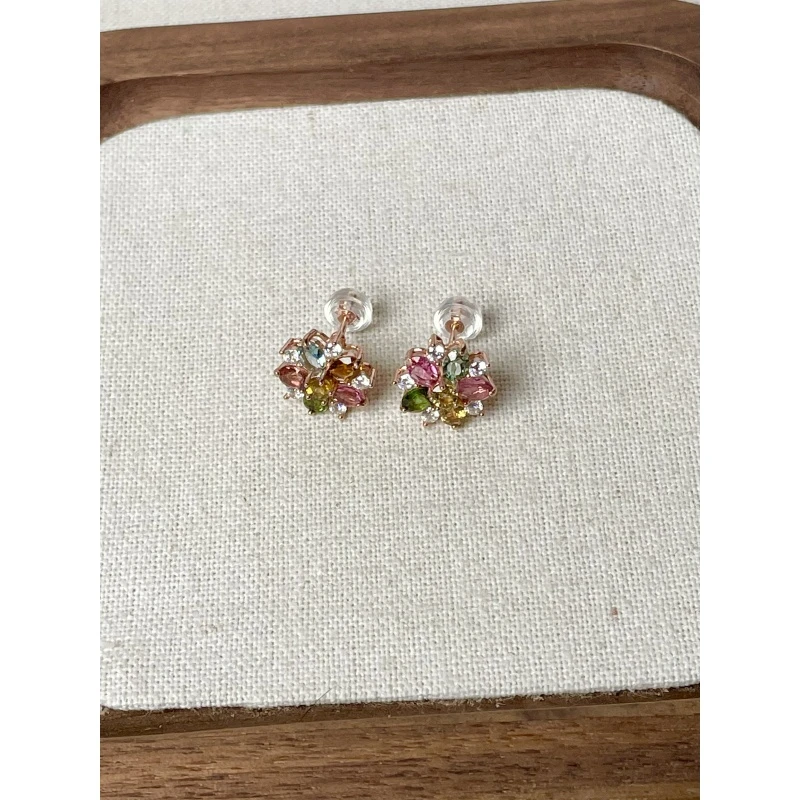 E558 天然碧玺耳钉 S925银镶嵌（多样性发货其一）