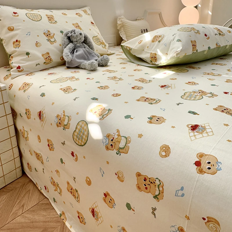 ins风爱心熊床单单件纯棉100%全棉可裸睡2025新款被单枕套三件套