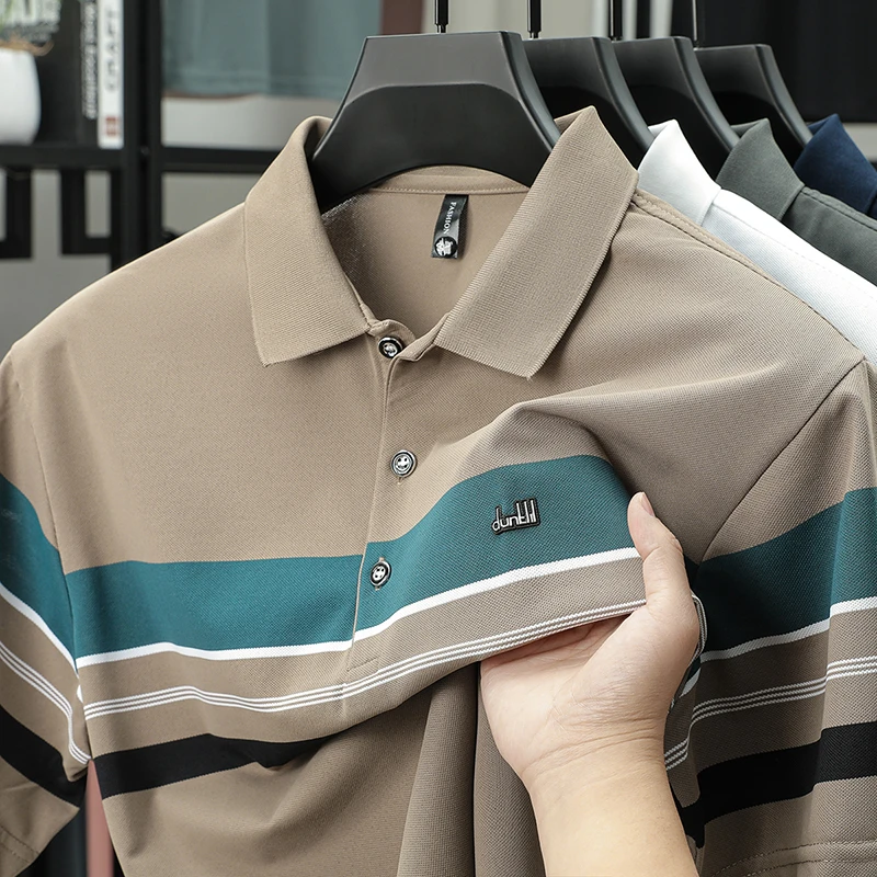 夏季翻领中年T恤半袖时尚百搭男士polo短袖日常宽松T恤条纹薄款男