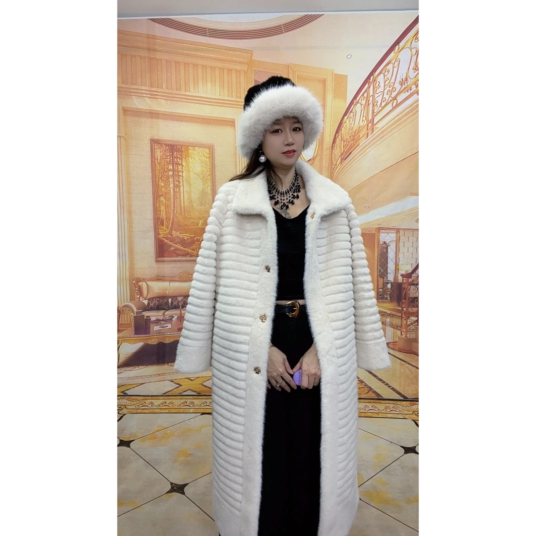 28076长款立领条纹外套女式冬新款韩版大衣外套