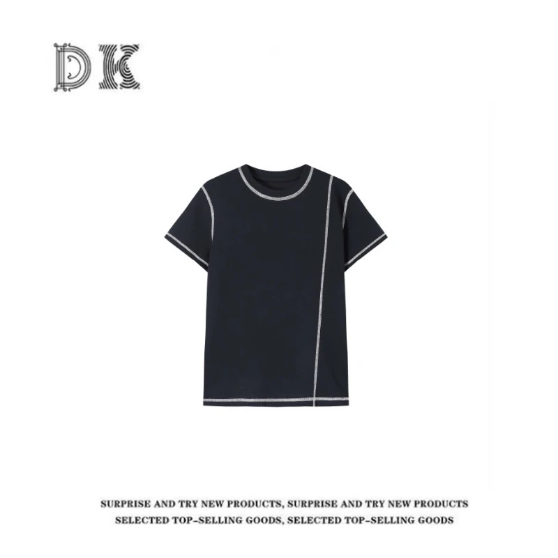 DK 2025款女装 夏季潮牌设计解构车线感圆领短袖T恤 8032