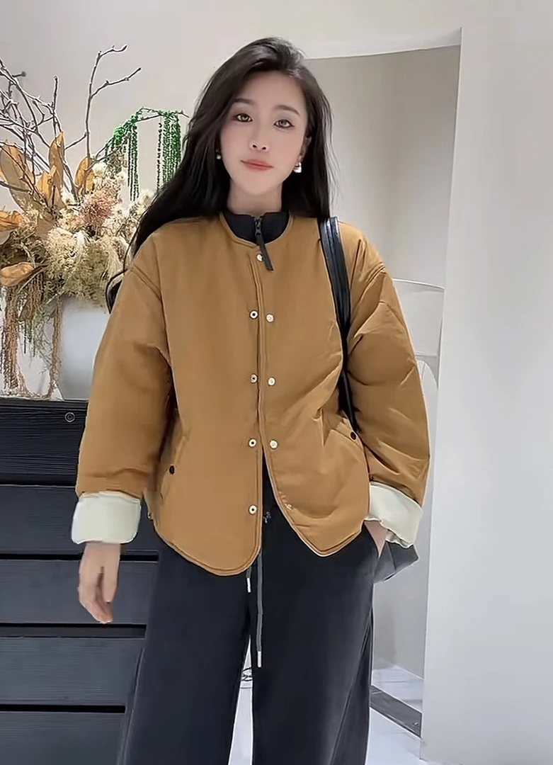 076百搭休闲纯色双面穿宽松圆领保暖正反两穿棉衣棉服