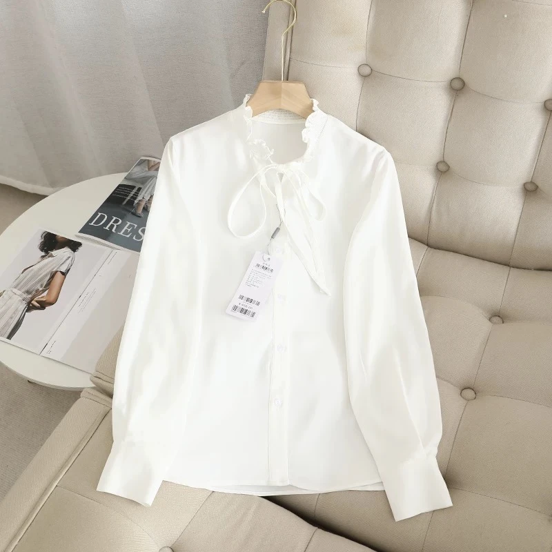 1173优雅木耳花边系带百搭长袖衬衫女2025春季气质休闲衬衣