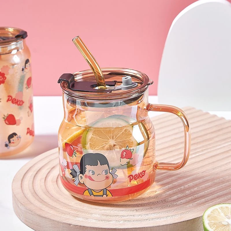 ins冲泡耐热玻璃吸管杯双饮杯大容量奶杯卡通喝水杯洋气牛奶杯子