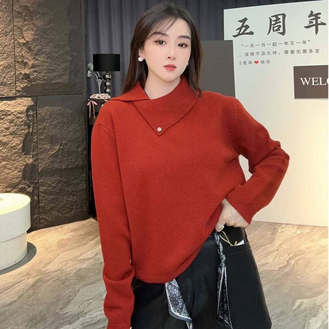 5173秋冬新款潮流不规则斜翻领针织衫设计感洋气百搭毛衣