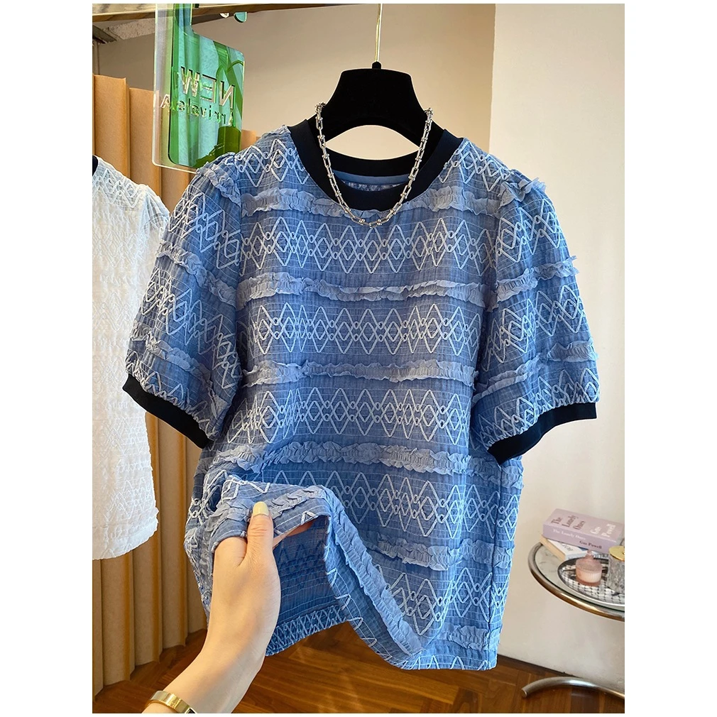 夏季新款欧货网纱泡泡袖短袖T恤女高级感宽松休闲上衣