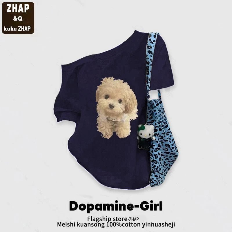 【ZHAP】新款斜肩宽松短袖t恤女甜美风可爱狗狗印花百搭港风简约厚
