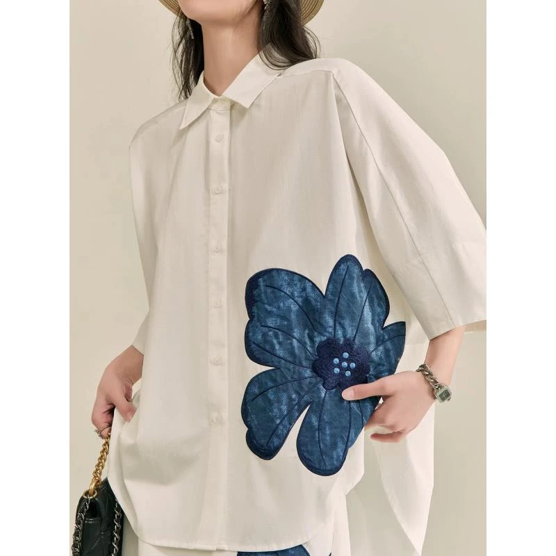 【绿绒蒿绣】白色绣花翻领衬衫外套女半身裙廓形衬衣D0507