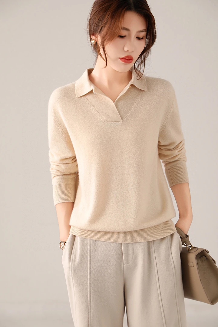 秋冬新款100纯山羊绒POLO领羊绒衫短款针织打底衫外穿半开领毛衣