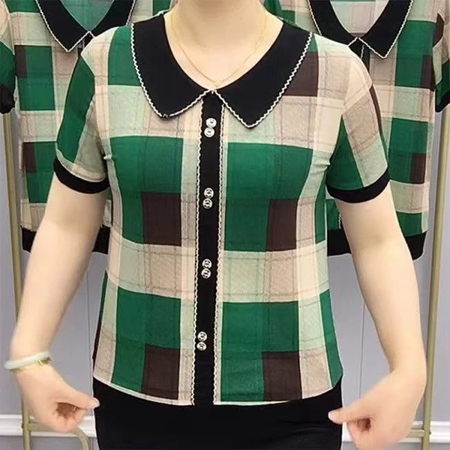 818绿色中年妈妈夏天洋气格子娃娃领T恤女款短袖宽松遮肉减龄T恤