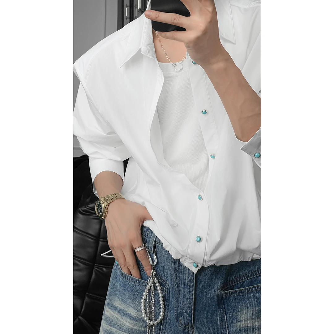 龙叨叨春夏新款原创设计简约下摆抽绳长袖衬衫外套男百搭休闲衬衣