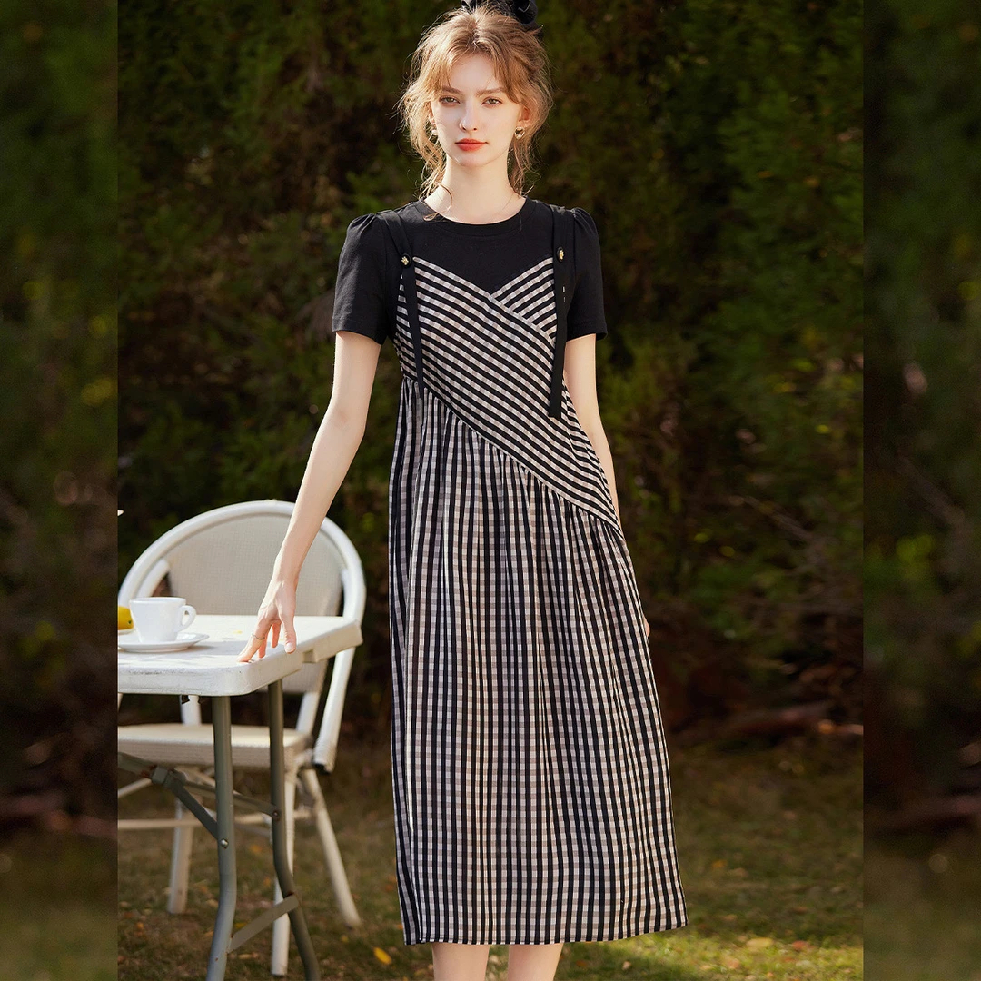 【商场同款新品】白鹿语夏新款时尚气质拼接格纹连衣裙WYU20020