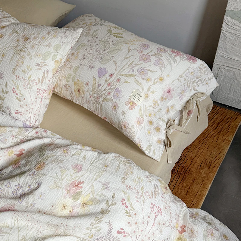 双11复古高级感全棉皱皱双层纱床上四件套纯棉柔软被套床单款