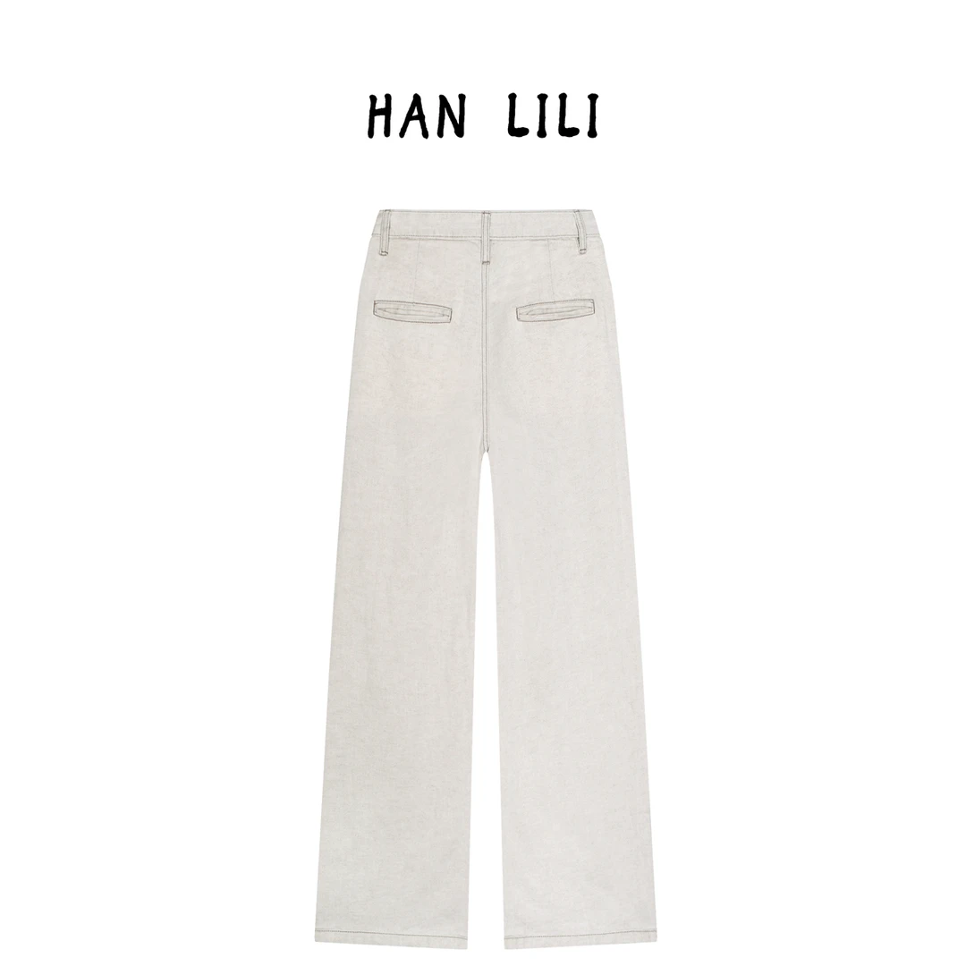 HAN LILI【芒种】”老钱系“时尚尽头亚麻直筒牛仔裤 16186