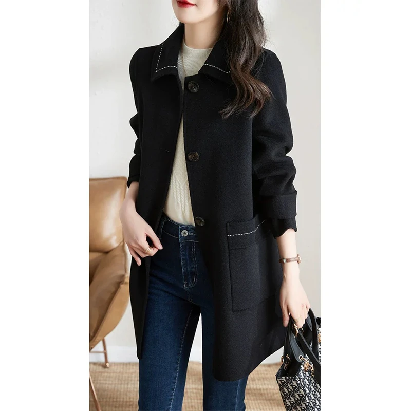 小个子黑色毛呢大衣女2023秋冬新款单排扣呢子外套高端感中长款