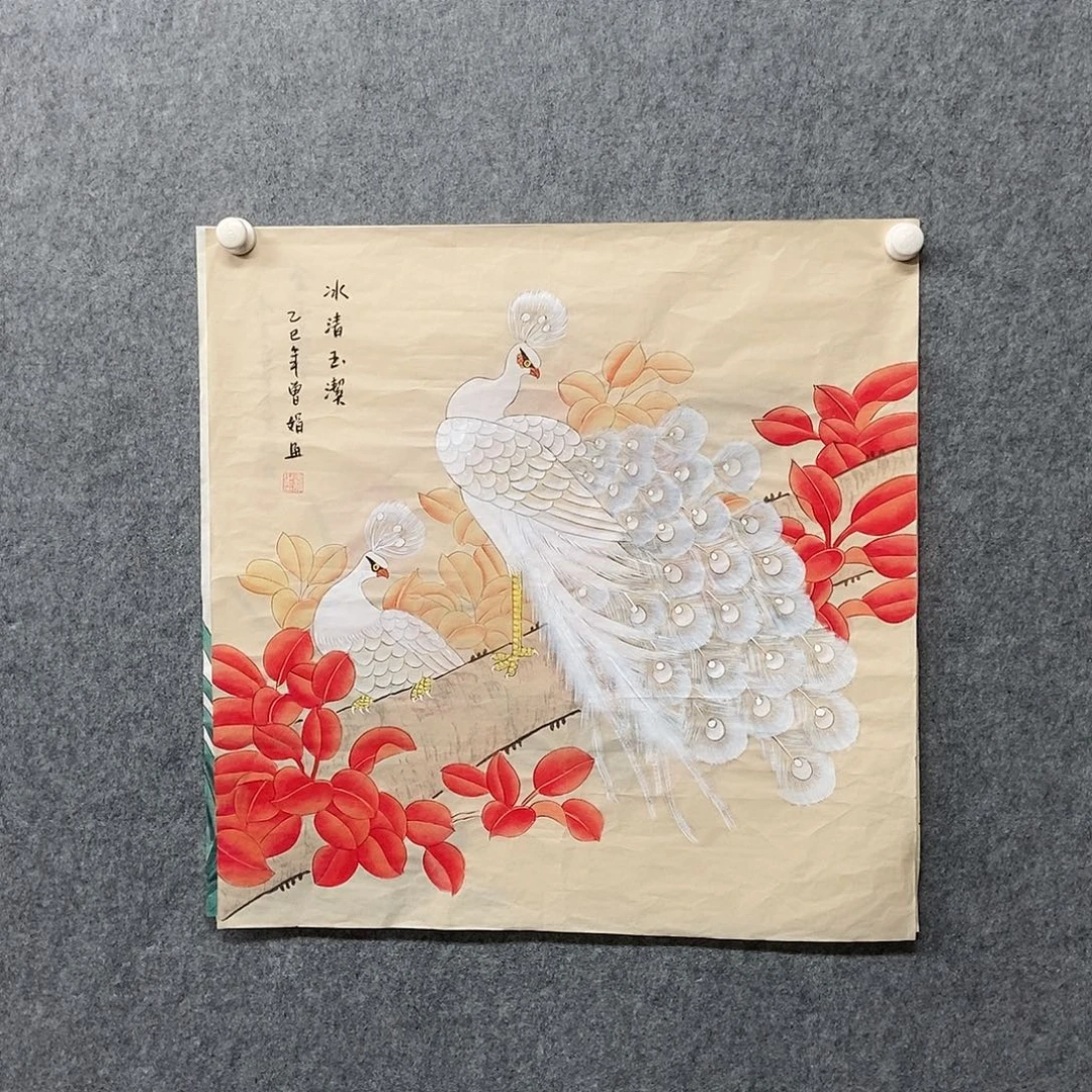 国画四尺斗方工笔花鸟一副