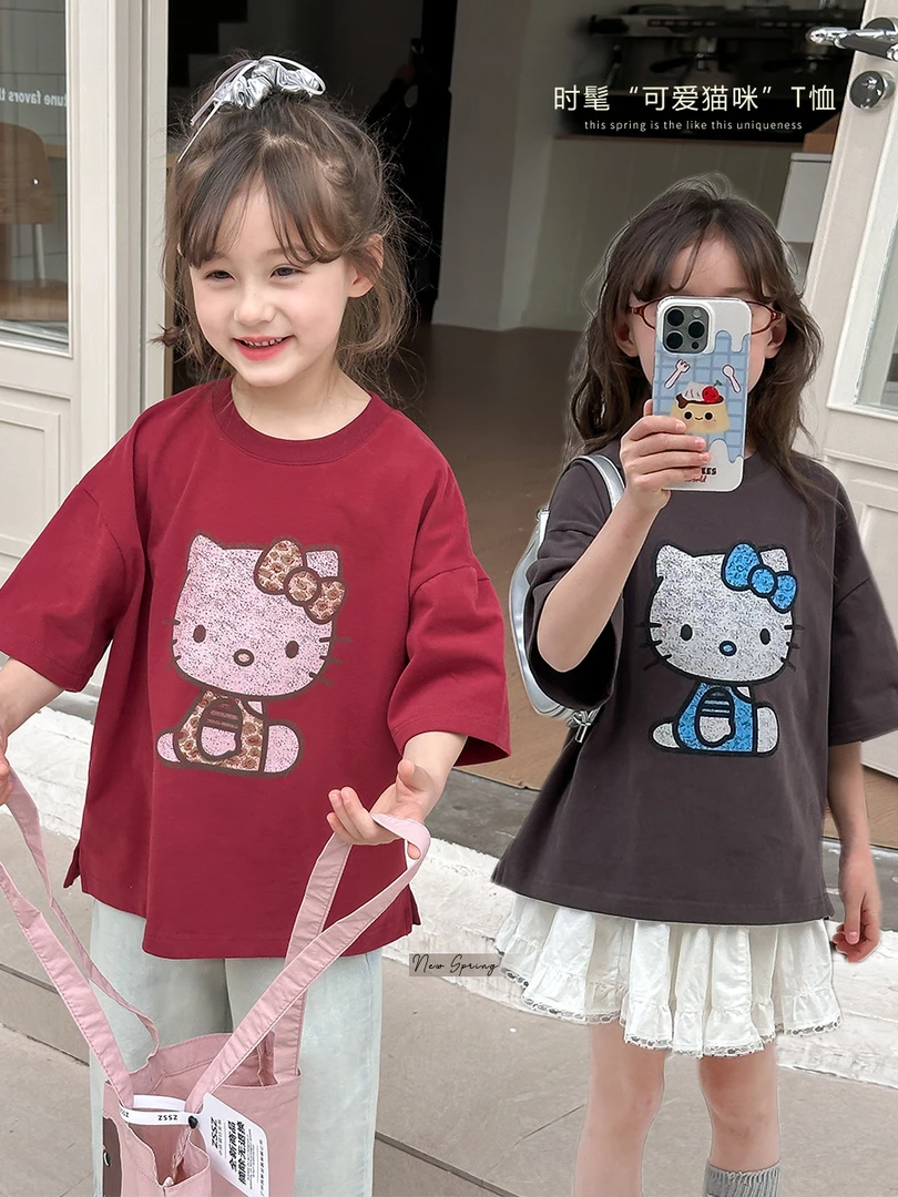 现货双纱柔棉加厚【亲子】女童春夏大版短袖猫咪短袖T恤25A014