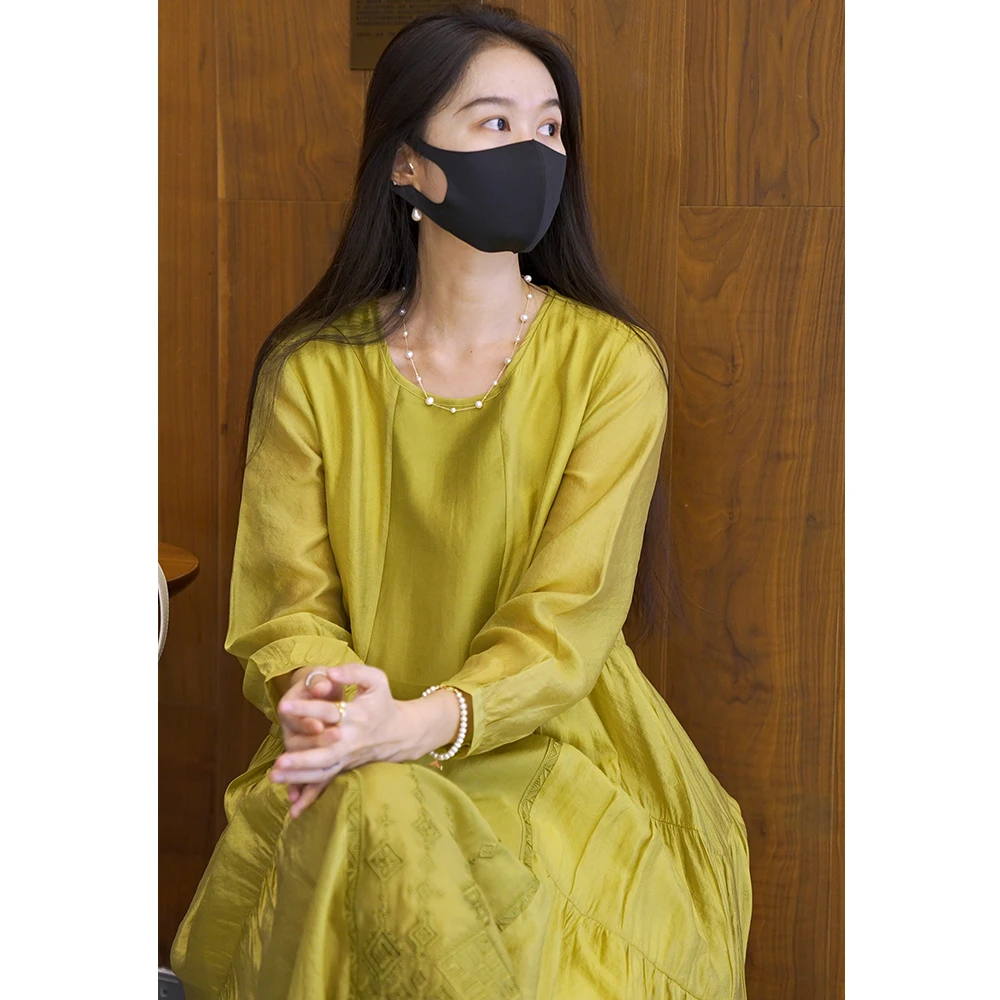 【大作国风】新中式高定禅意春秋拼接刺绣气质连衣裙姜黄色-182442