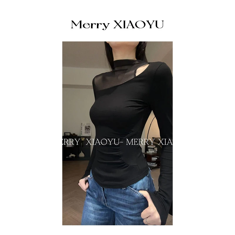 【小鱼】辣妹纯欲风网纱镂空设计长袖小众显瘦百搭性感黑色修身上衣