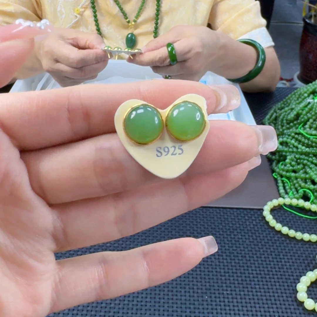 和田玉（碧玉）银S925镶嵌耳饰