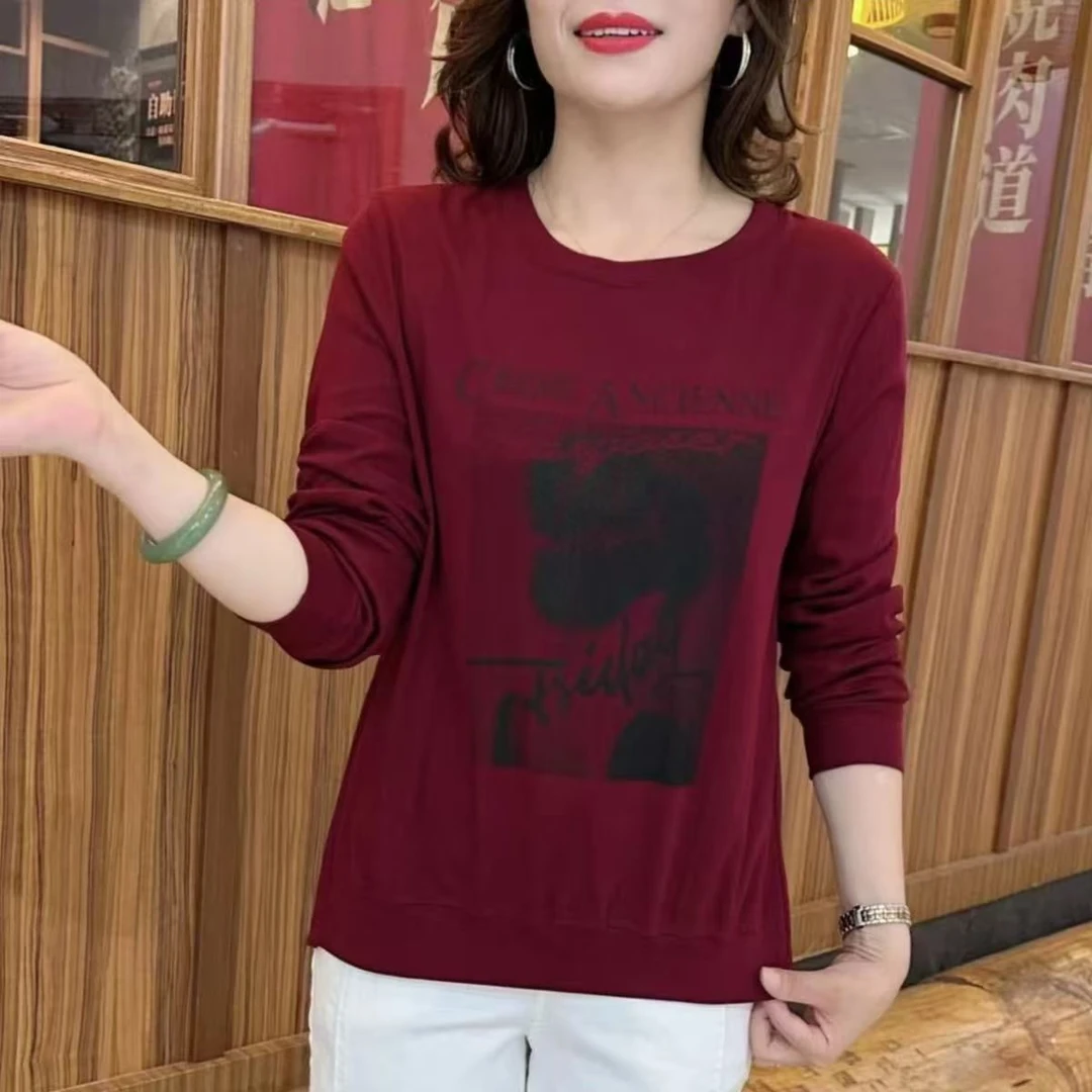 长袖T恤女妈妈装春秋新款大码高档圆领宽松时尚休闲洋气上衣女潮