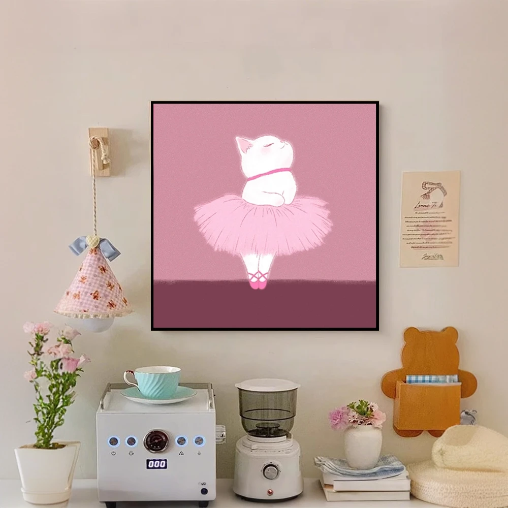 《芭蕾小猫》奶油风粉色卡通猫咪客厅装饰画小众创意卧室玄关挂画
