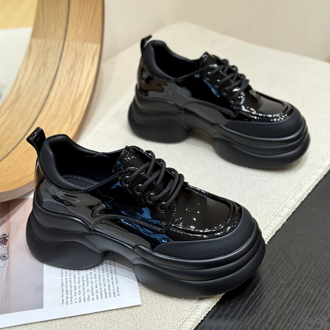 6cm松糕漆皮系带小皮鞋女2025新款秋季日系jk显瘦乐福鞋厚底单鞋