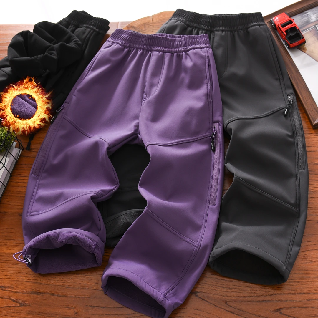 男童加绒裤子冬季2025新中大童男孩户外奥粒加厚儿童纯色运动长裤