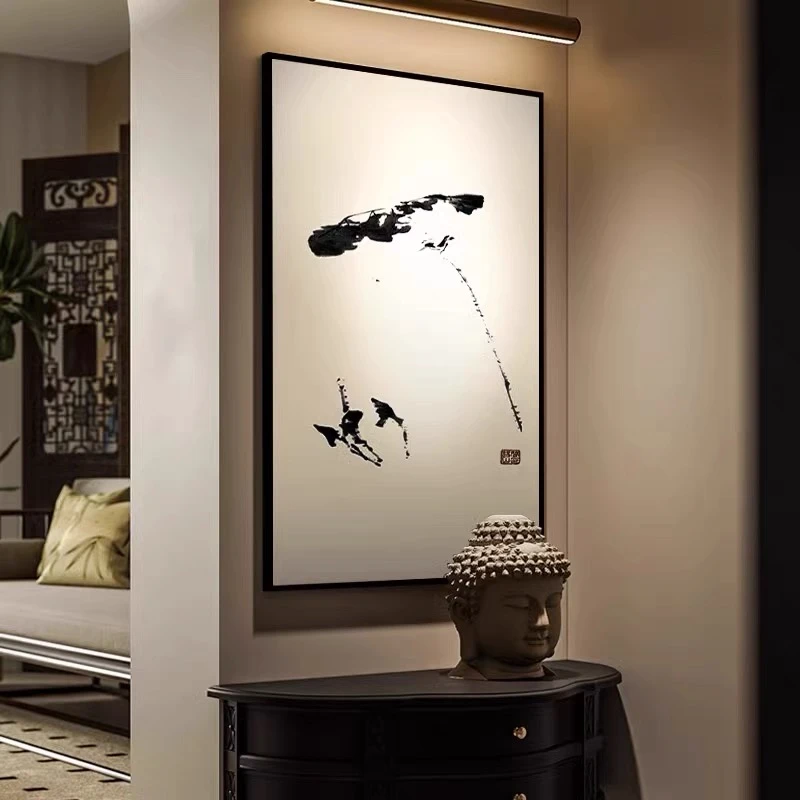 宋氏美学新中式水墨荷叶图客厅玄关背景墙壁画茶室竖幅砂岩画