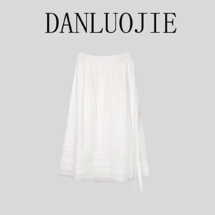 丹珞婕 匆匆那年 亚麻棉抽褶镂空系带春夏灵动百褶半裙 简约 百搭