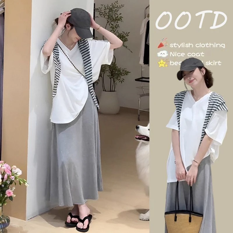 今年流行夏季穿搭一整套松弛感慵懒条纹披肩短袖上衣半身裙两件套