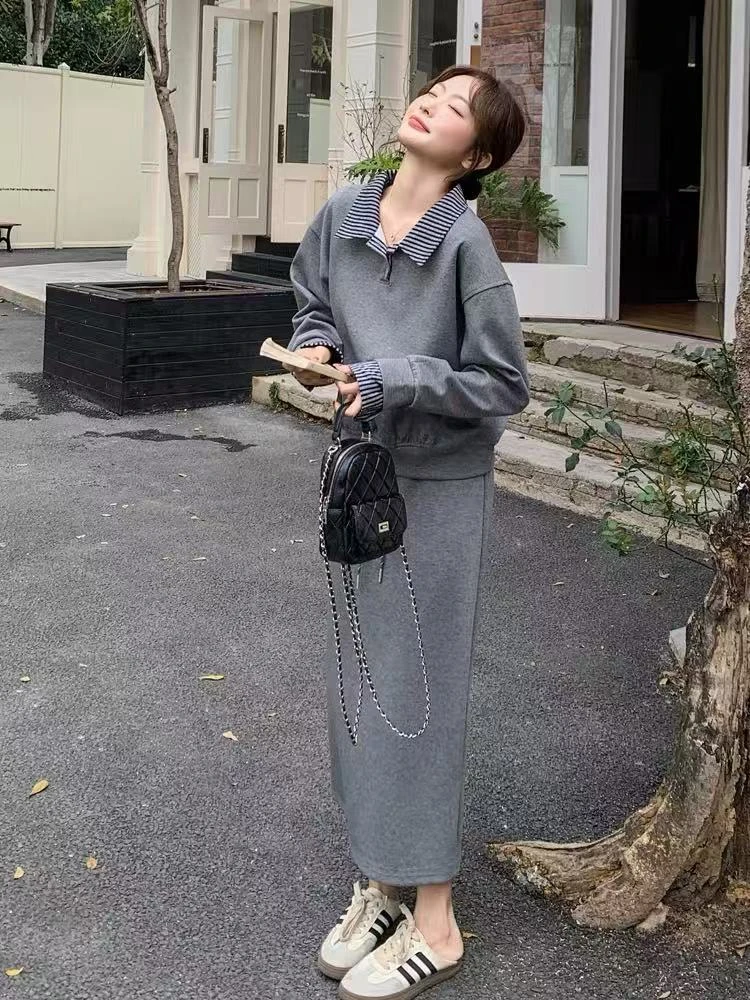 秋季新款休闲大码女装翻领卫衣+长裙两件套装胖mm显瘦遮肉6121