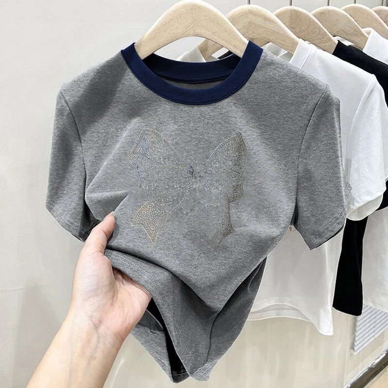 2025新款正肩纯棉短袖t恤女ins休闲百搭插色洋气撞色灰色上衣夏季